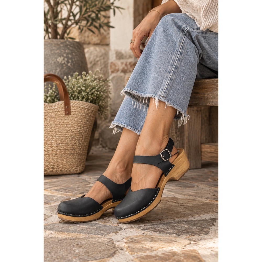 MIA Sofia Black Leather Clog Sandals 38 Wood Platform Slingback Swedish Boho